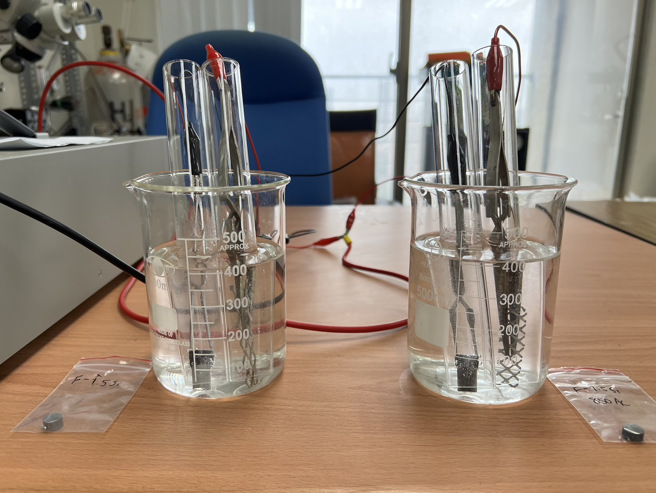 成大材料系特聘教授洪飞义团队建立全国少数可以评估金属氢脆的实验室，让氢攻击材料特定区域，称为集氢处理。（成大提供/曹婷婷台南传真）