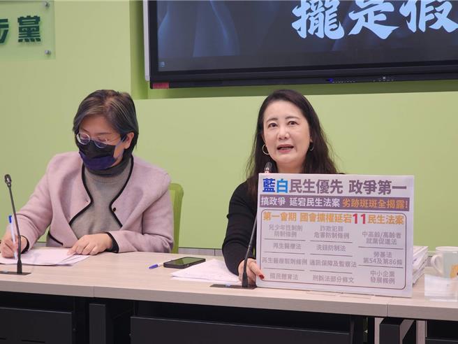 民进党团干事长吴思瑶、书记长陈培瑜在党团召开记者会。（杨亚璇摄）