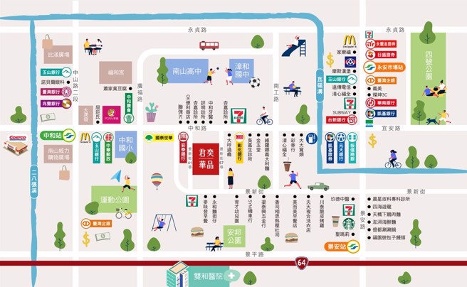 「君奕华品」邻近捷运永安市场站、景安站、中和站，且周边生活机能充足，吸引购屋民眾目光。（业者提供）