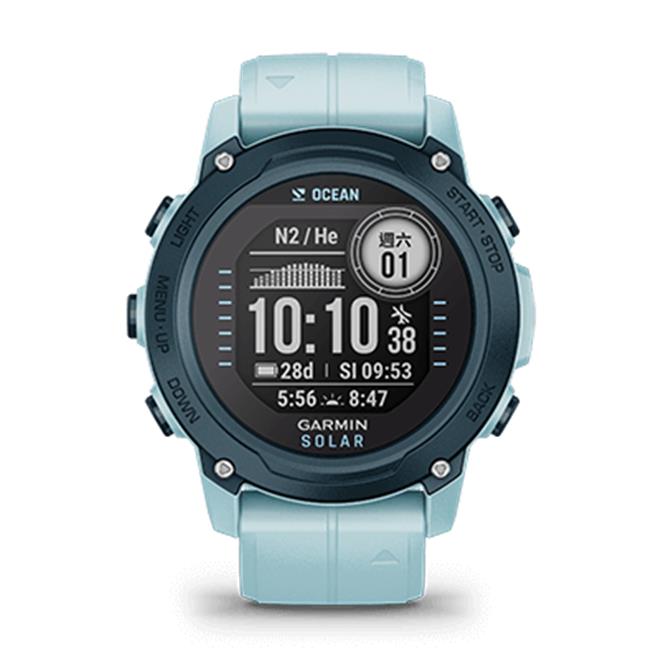 Garmin Descent G1 Solar（海洋重生版），手表外壳、表圈及按钮採用于海洋中漂流的废弃塑胶回收制成，推荐价1万9990元。（三创生活提供）