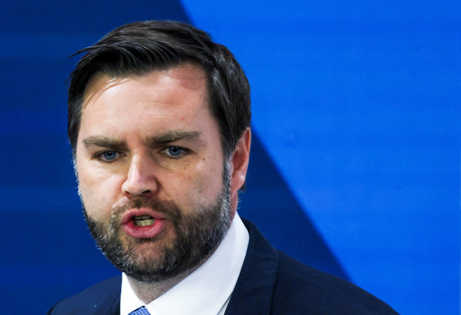 2025年2月14日，美國副總統范斯（JD Vance）在在德國慕尼黑舉行的慕尼黑安全會議（MSC）發表演講。（路透社）