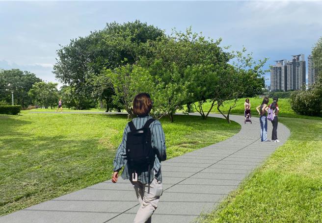 新北市高灘處投入4600萬元改造新店溪洲公園，順應自然的地形變化，規畫三大分區「梯田漫步區」、「樂活林蔭區」、「悠活大平台區」，圖為模擬圖。（新北市高灘處提供）