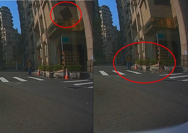 新庄区一栋社区大楼的外墙磁砖，突然剥落差点就砸到一名男子，被网友的行车纪录器拍到惊险的瞬间。（翻摄爆料公社）