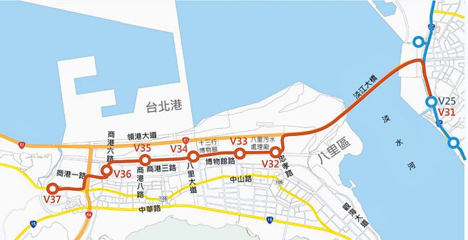 新北市政府推动八里轻轨，经11次提报行政院审议屡遭退回。图为八里轻轨路网图。（新北市捷运局提供／张铠乙新北传真）