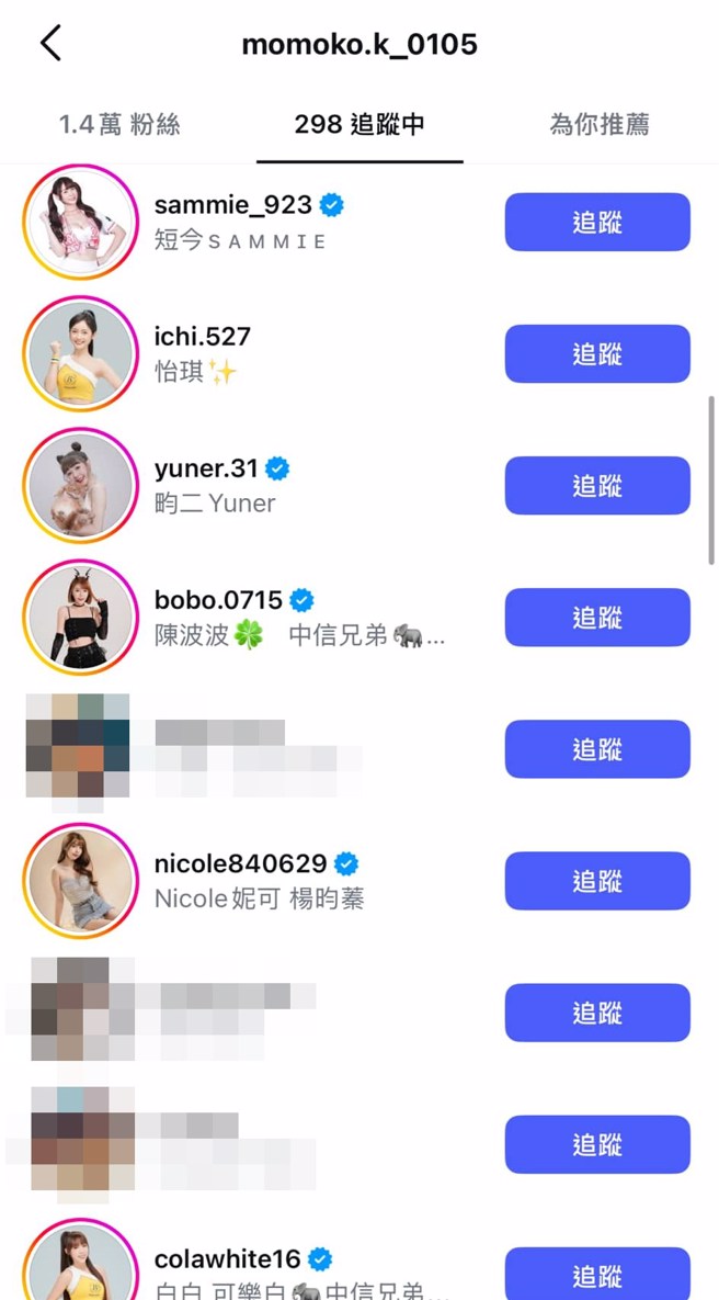 菊池桃子被网友发现追踪中信兄弟啦啦队成员。（图／momoko.k_0105 Instagram）