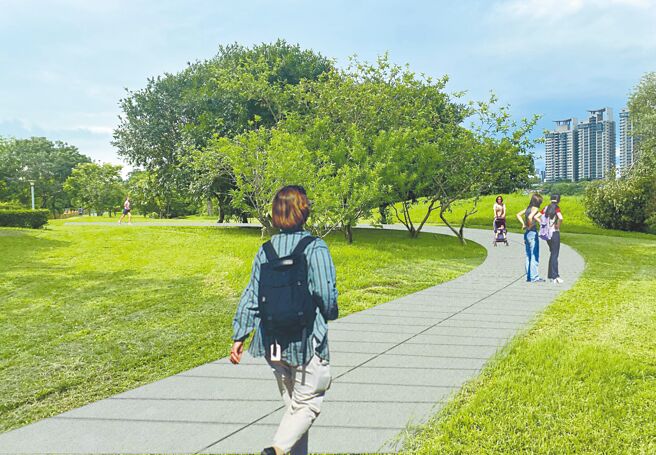 新北市高滩处投入4600万元改造新店溪洲河滨公园，并顺应自然的地形变化，规画3大分区「梯田漫步区」、「乐活林荫区」、「悠活大平台区」，图为模拟图。（新北市高滩处提供／陈慰慈新北传真）