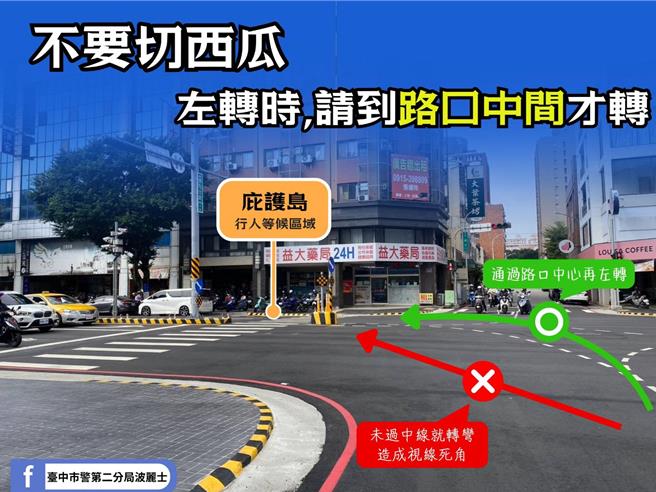 台中市北区进化北路沿线（崇德路至中清路段）自2024年10月设置行人庇护岛，汽车自撞事故频传，经警方加强宣导以及道路工程改善后自撞事故降为「0」件。（中市警二分局提供／冯惠宜台中传真）