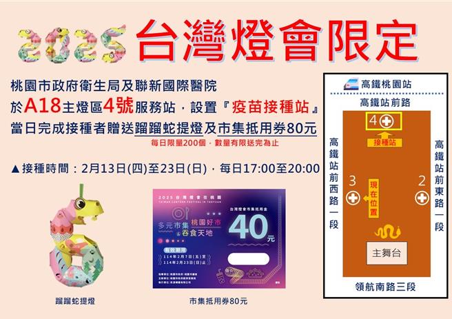 桃園市衛生局配得9630劑流感疫苗，除衛生所及合約醫院外，台灣燈會也有設置施打站，呼籲高風險族群應於20日儘速就近注射疫苗。（圖／桃園市衛生局）