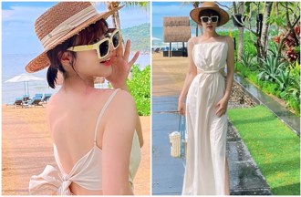  泱泱細肩帶辣照「解放大片白皙美背」裙襬開高衩露纖細美腿