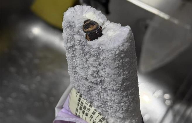 有民眾在网路爆料，在超商买到基隆名店授权的冰棒，却在冰棒中发现一整只蟑螂。业者表示，该冰品是透过品牌授权生产，并非自己生产。（翻摄自脸书社团爆料公社二社／张志康基隆传真）