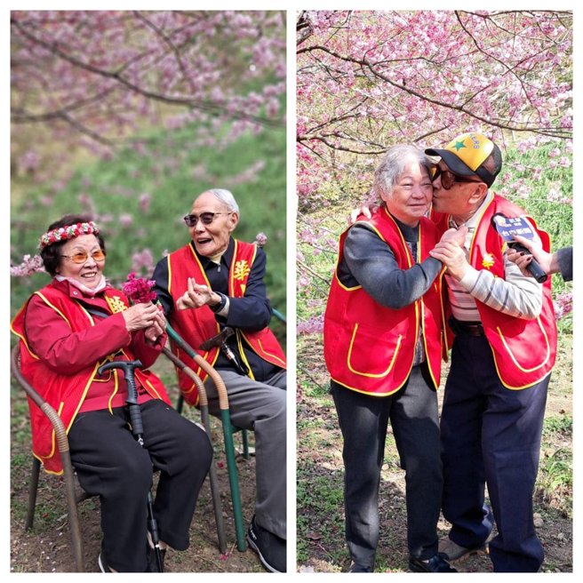 长辈们在樱花树下笑开怀、拥吻，场面相当温馨。（李京升摄）