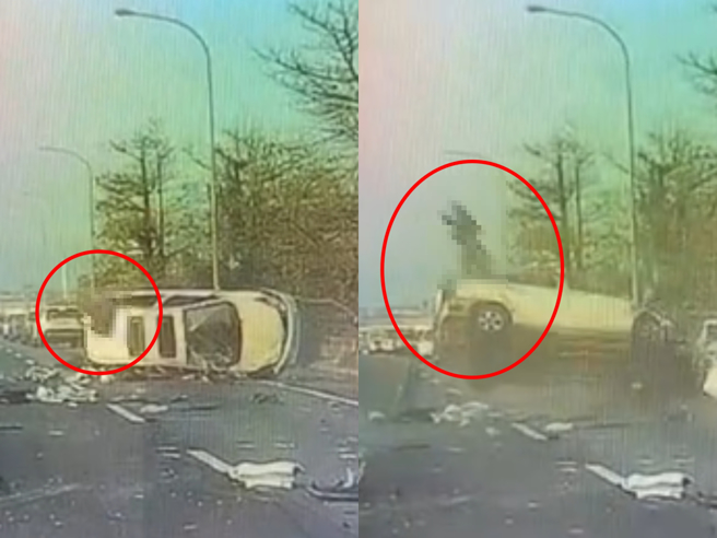 國1豐原段18日晚間發生6車連環車禍，2名男子被甩出車外。（民眾提供）