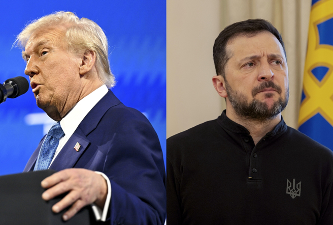 美国总统川普（左）与乌克兰总统泽伦斯基（右）隔空互批，两国外交关系陷入紧绷。图为2人19日各在美国佛州迈阿密、乌克兰首都基辅露面时的神情。（美联社）