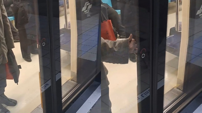 北捷南京三民站的月台门今（21）早无法自动开启。（图／网友chester_7390提供）