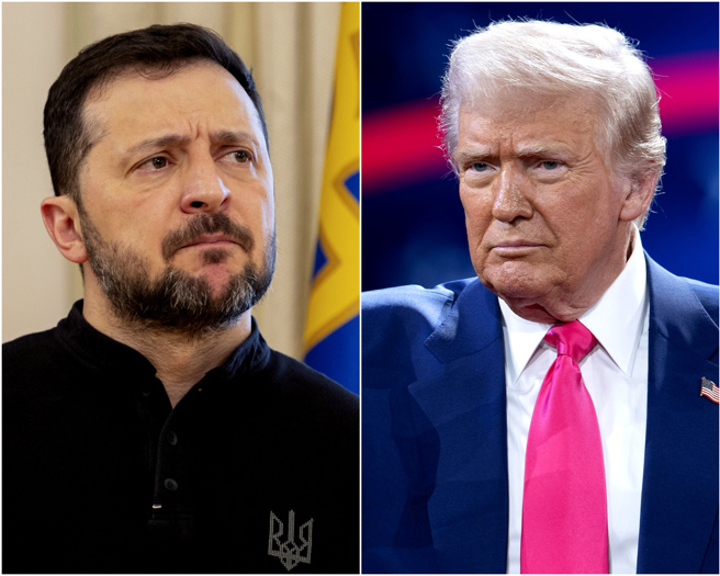 美国总统川普（右）日前痛批乌克兰总统泽伦斯基（左）挑起战争。（资料照／美联社）