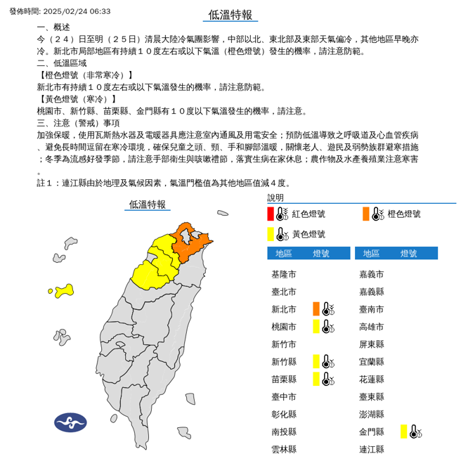 低溫特報。（圖取自氣象署網頁）
