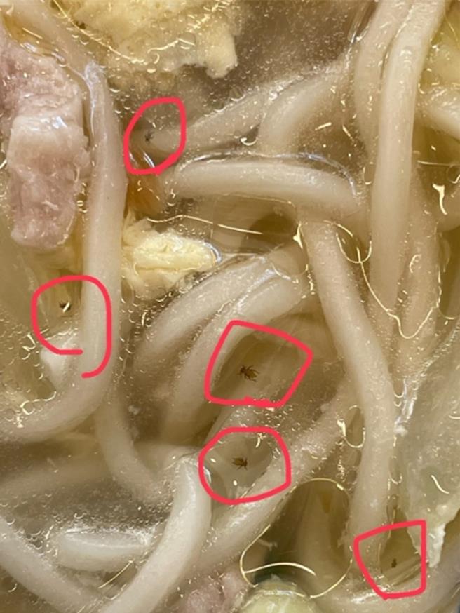只见至少有5只虫的尸体漂浮在汤麵中，画面曝光后也让不少人惊呼「好噁！」。（fion_0816授权提供／纪爰高雄传真）