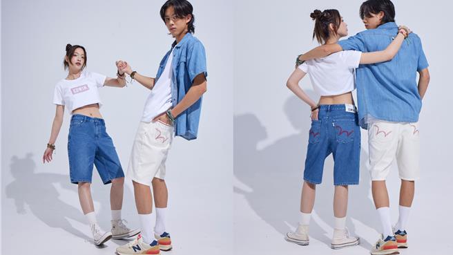 EDIWN男模特身着「短袖牛仔衬衫」2290元、「角度光变短袖T恤」1690元、「冰感白色短裤」2690元；女模特身穿「斜纹刺绣短袖LOGOT恤」1290元、「透凉牛仔短裤」2690元。（EDWIN提供／朱世凯台北传真）