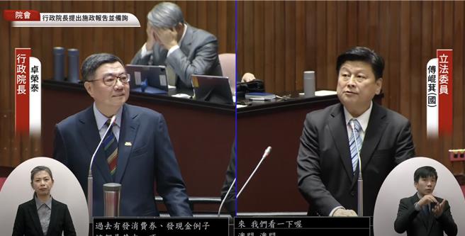 立院国民党团总召傅昆萁（右）今下午质询行政院长卓荣泰（左）。（国会频道）