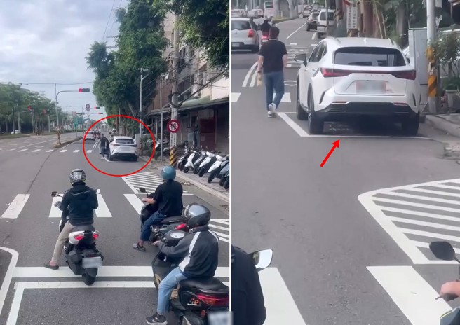 白色休旅車停待轉區，駕駛下車後霸氣離去，民眾吶喊：待轉區ㄝ！(翻攝爆廢公社)