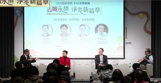 「2025古城永續・淨零新篇章」ESG論壇26日在台南舉行，其中一個交叉與談的會議，邀請專家領袖，探討公部門如何在面對全球永續風險時，制定有效的策略和行動計畫。（摘自中時新聞網Youtube頻道／張毓翎台南傳真）