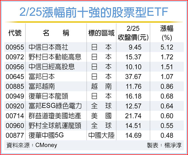 2/25漲幅前十強的股票型ETF