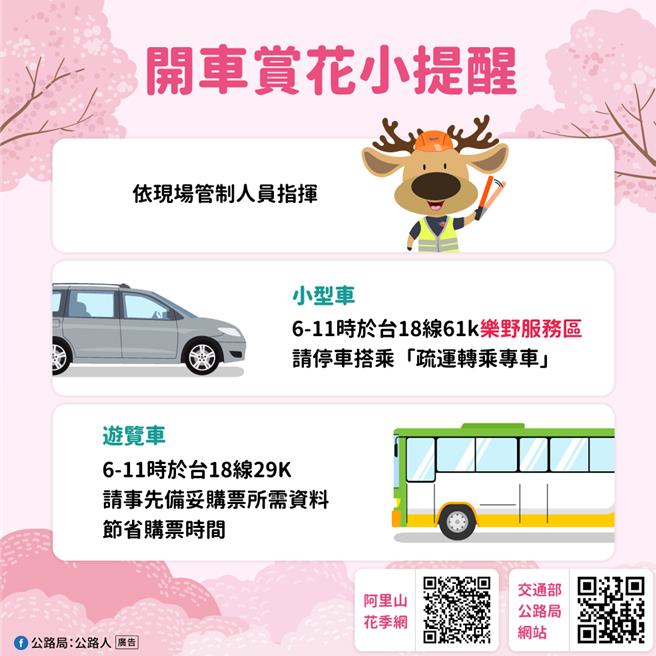 阿里山花季開車賞花提醒。（公路局提供／蔡明亘台北傳真）