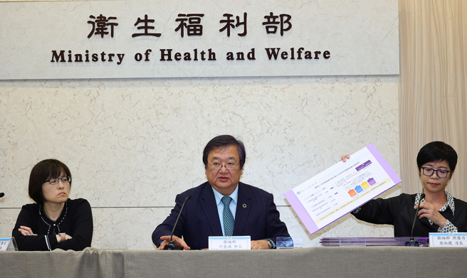 卫福部3日举行记者会，出席的部长邱泰源（中）、照护司司长蔡淑凤（右）、医事司司长刘越萍（左）针对医院壅塞处置现况提出说明。（刘宗龙摄）