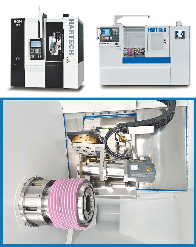 聚大公司发表优化外观设计的滚齿机HGH 250（图上左）与创新开发出的蜗杆砂轮开槽机（图上右），图下蜗杆砂轮开槽机内部机构。图／聚大提供