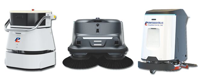 杰融科技MT2专利智能AI洗地机器人，MT1 AI自动扫地机器人及富特中型AI洗地机器人，解决各种场域烦人的清洁问题。图／业者提供