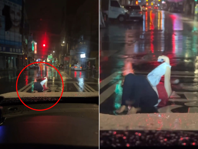 詭異女雨天躺馬路自拍。（翻攝記者爆料網）