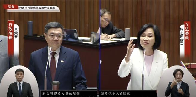 国民党立委柯志恩（右）4质询行政院长卓荣泰（左）。（摘自国会频道）