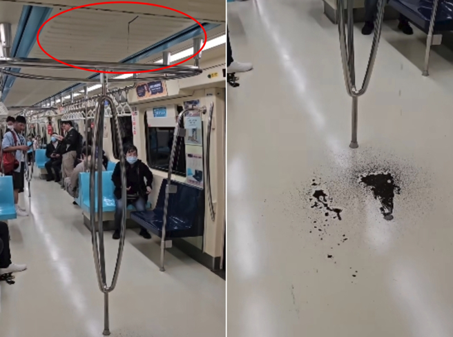 有网友反应，昨晚搭捷运发现车厢天花板渗出黑水、滴落车厢地板，戏称是「猛毒的顏色吗？」（翻摄自影片）