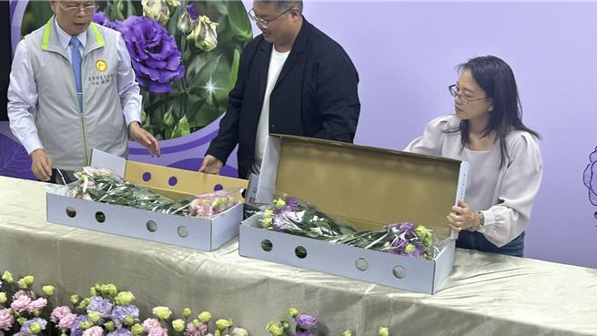 农业部农业试验所与商荣实业有限公司产学合作研发「洋桔梗横式包装外销技术」，将原先直立式「一盒一花」的形式改良为「一盒两花」，经过改良后，能够轻易放入两束花卉，降低生产成本及包装时间。（贺培晏摄）