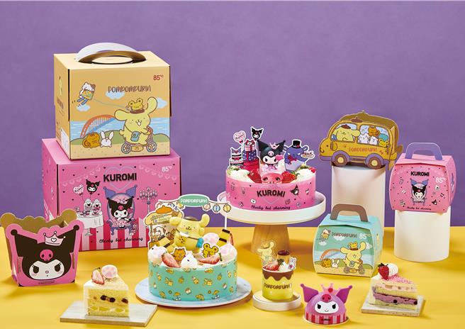 85度C打造可爱的KUROMI和布丁狗蛋糕，公仔可拿下收藏，盒内垫高板还能DIY变身收纳盒。（85度C提供／朱世凯台北传真）