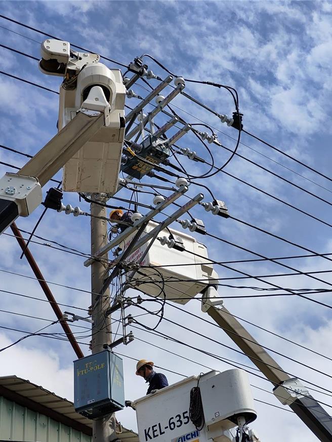 台电人员拆除电杆鸟巢。（台电台中区处提供／宝智华台中传真）