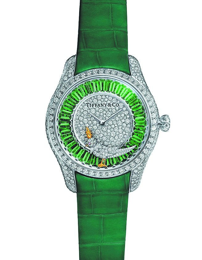 TIFFANY台北101旗艦店為慶祝開幕將獨家展出「石上鳥」沙弗萊石珠寶表。（Tiffany & Co.提供）