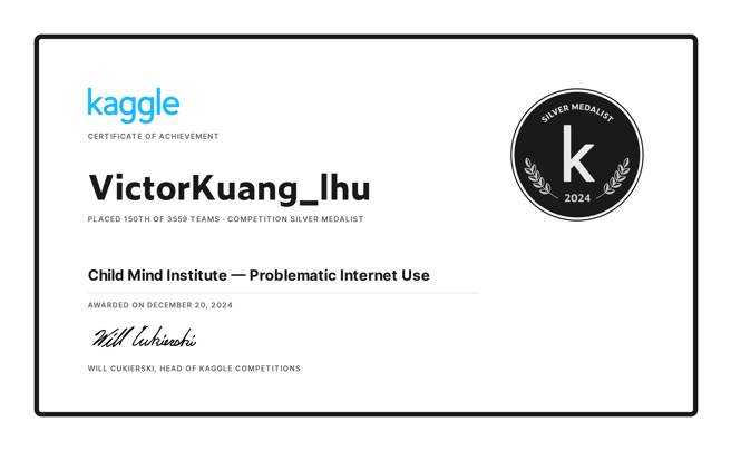 Kaggle官方颁发的银奖奖状。(照片/龙华科大提供) 