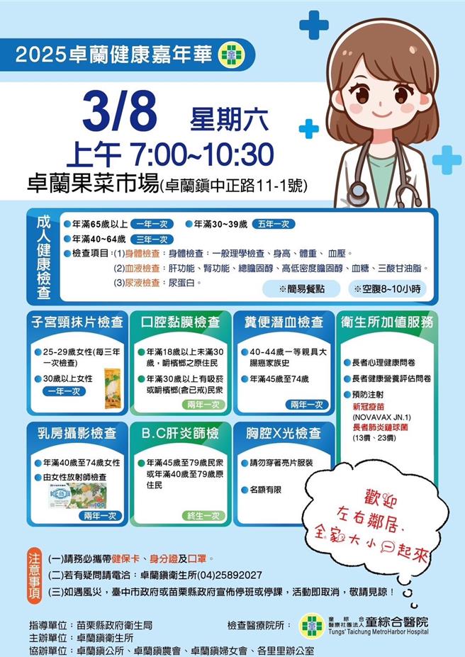 癌症已连续42年居国人十大死因之首。苗栗县卫生局与卓兰镇公所及在地医疗单位将于3月8日上午7时开始在卓兰果菜市场举办健康筛检活动。（吕丽甄摄）