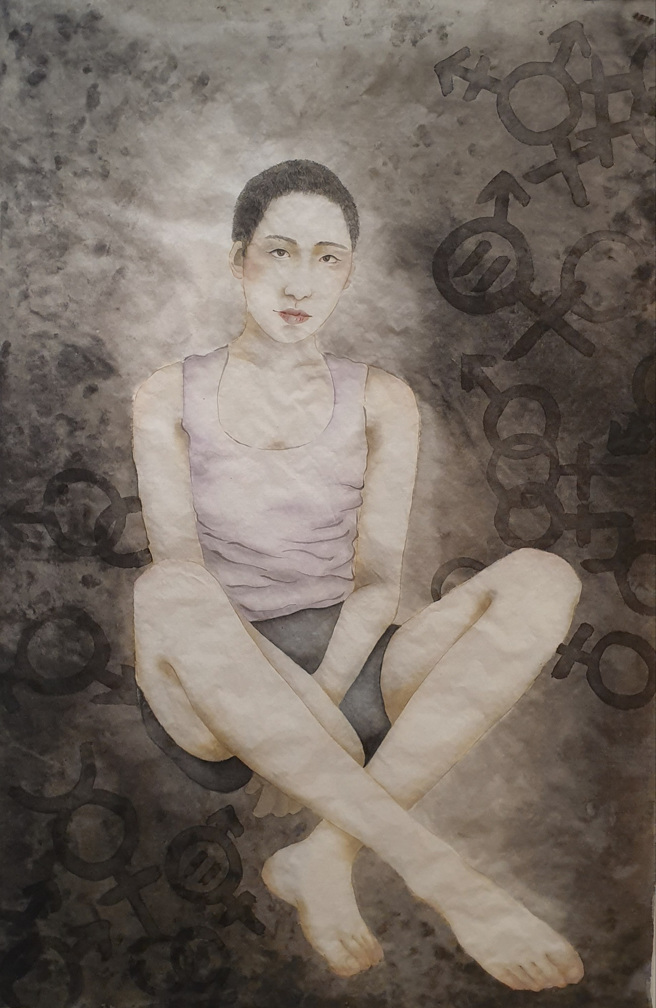 臺中一中王品雁同学藉由水墨作品表现性别认同。(照片/教育部提供)