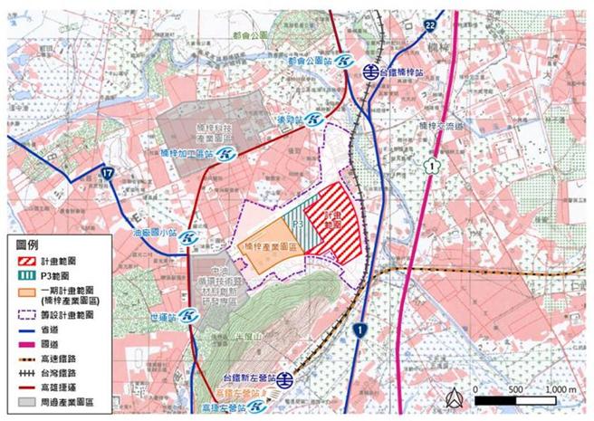 台积电高雄厂第三期的P4厂和P5厂，位于图片中的红色斜线范围。图／高雄都发局提供
