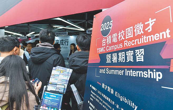 臺大校園徵才博覽會於8日舉辦，台積電展攤吸引許多學生來詢問就業問題。圖／王德為