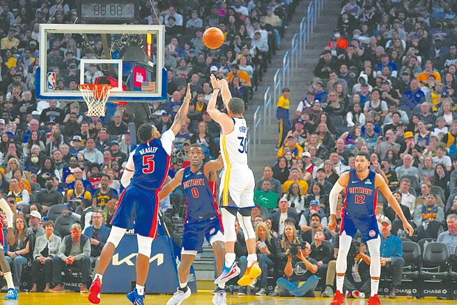 就是這次三分出手命中，讓柯瑞生涯總分突破25000分。（路透）