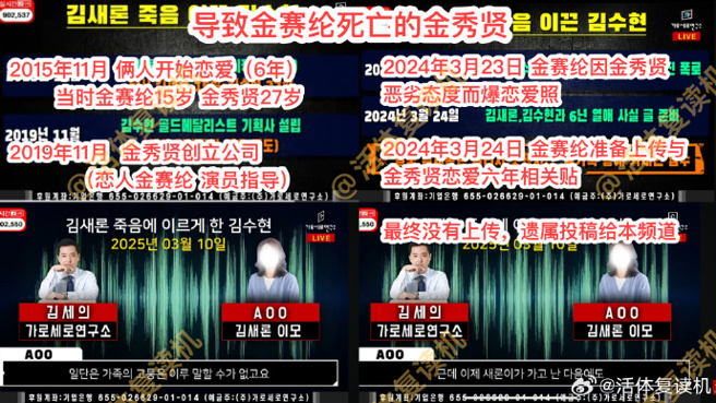 韓國YT《橫豎研究所》爆料金賽綸過世內幕。（圖／翻攝自微博）