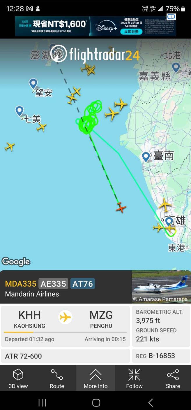 华信从高雄飞澎湖的AE335航班，因澎湖雷雨关系，在澎湖外海空中盘旋了数十个圈无法降落，2小时后折返原高雄机场。（翻摄Flightradar24 APP／许逸民澎湖传真）