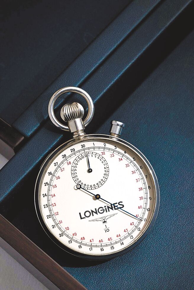 浪琴表可測量至十分之一秒的運動計時碼表，1914年。（Longines提供）
