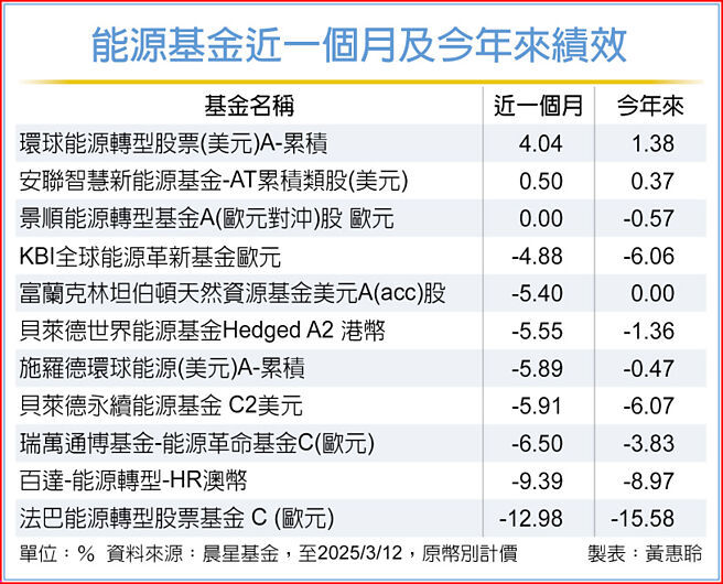 能源基金近一個月及今年來績效