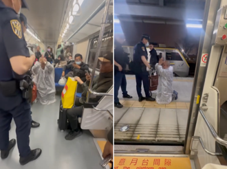 台铁区间车惊见「秽言法师」 光头女谯全车跪拜辱警：你家死光光