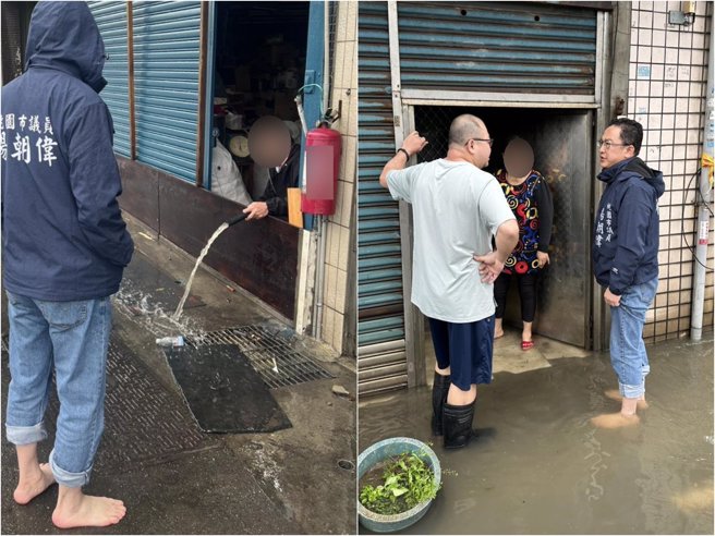 北台湾包含桃园7县市大雨特报，其中桃园八德测站至11时10分日累积雨量达109.5毫米，八德区介寿路二段583巷因地势低洼，有7户受影响，水淹进家门，桃园市议员杨朝伟一早前往会勘，他说，最近强降雨多，这里一周就淹水3次，相当严重。（图／桃园市议员杨朝伟）