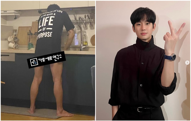 《横竖研究所》昨公开金秀贤「下衣失踪」的洗碗背影照。（摘自金秀贤IG、《横竖研究所》YouTube）